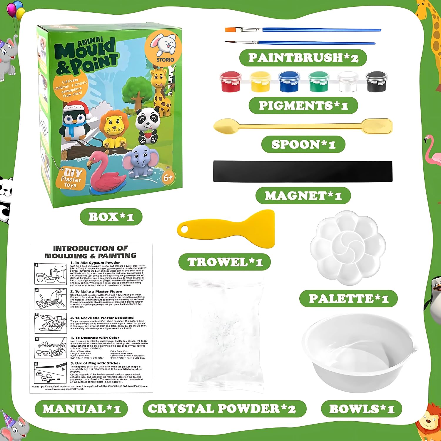 Storio Toys DIY Mould and Paint Craft kit - Animal Kingdom | Kids DIY Craft For 5 Years | Plaster Figurine Set with Pigments, Palette & Mold, Painting Art & Craft Set -Gift Toys for 3 4 5 6 7 8 Old Boys & Girls