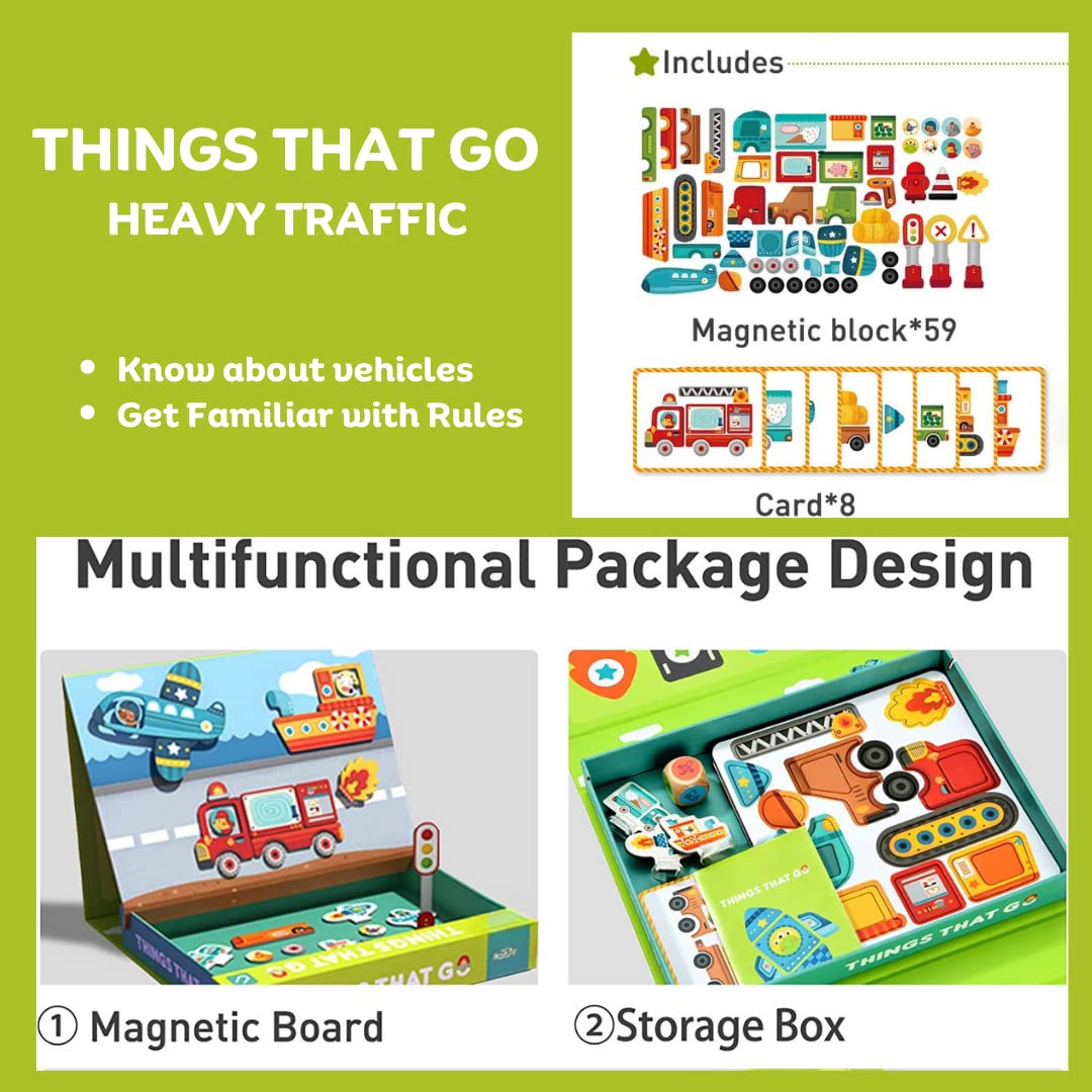 Storio Magnetic Box Series - Things That Go Vehicles Puzzles Toys With Reference Cards and Magnetic Board and Marker To Draw & Play Educational Toy for Kids 2 3 4 Years Boys Girls Montessori Gift Fun & Play for Baby (54 Magnet Pcs)