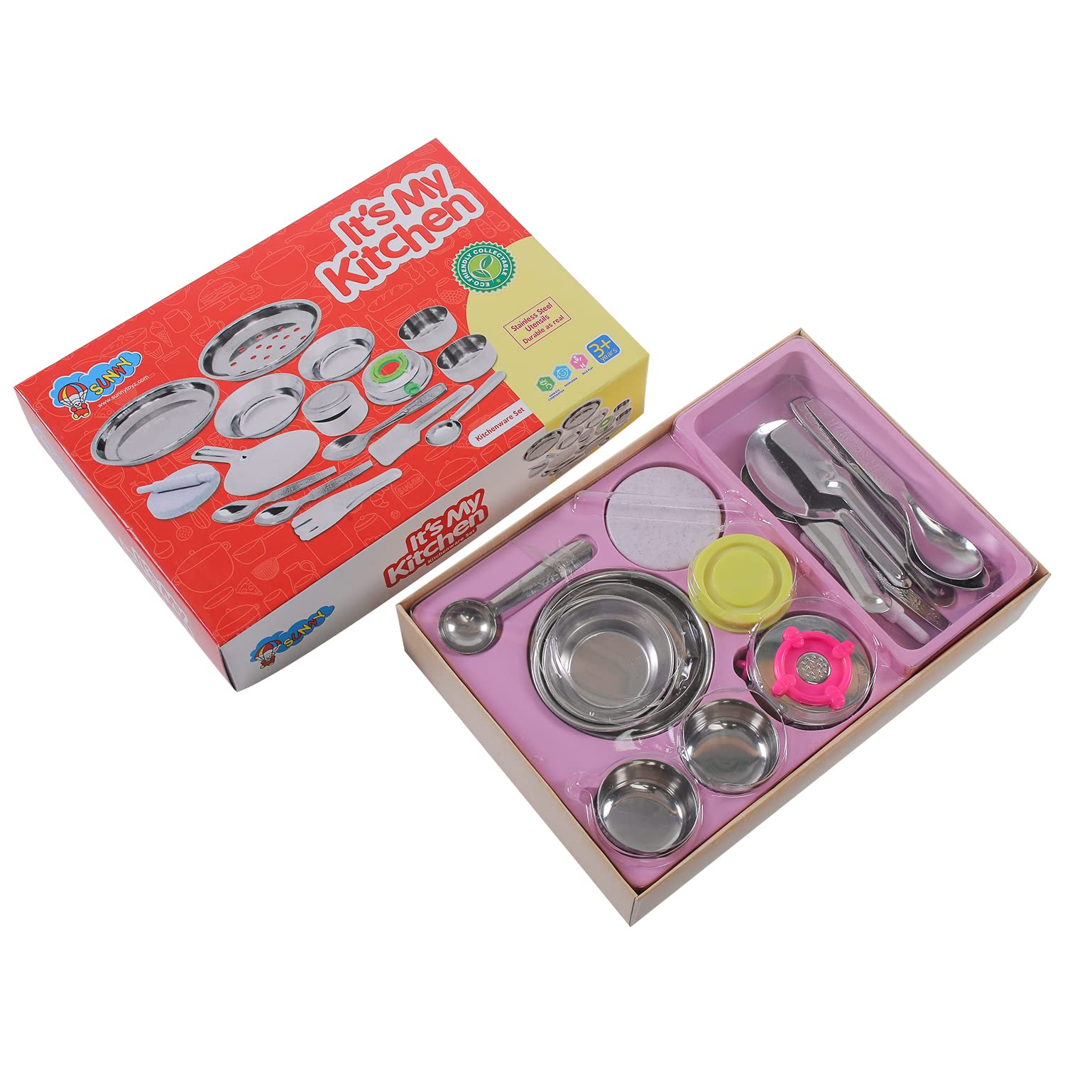 Storio It's My Kitchenware Set Cute Mini Toy Kitchen Stainless Steel Utensils Non Toxic Indian Set for Girls Age 3 Years Plus no Sharp Edges 12 pcs