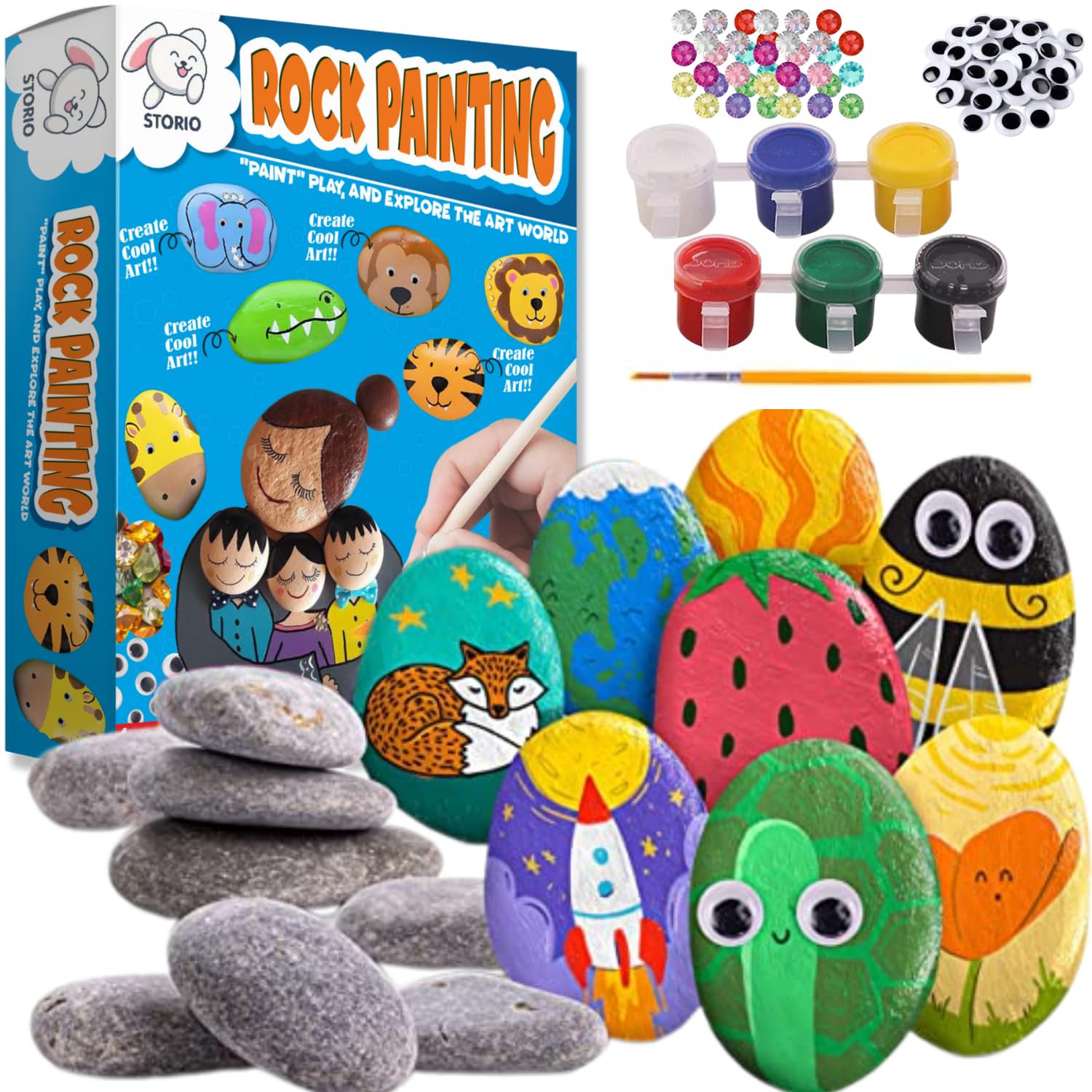 Storio Rock Painting Kit with Googly Eyes, Gems, Water Colours, Arts and Crafts Activity Set for Kids 4+ Years, Gift for Boys and Girls