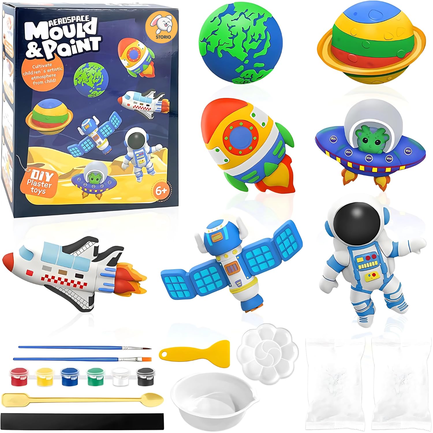 Storio Toys DIY Mould and Paint Craft kit - Astronauts Space | Kids DIY Craft For 5 Years | Plaster Figurine Set with Pigments, Palette & Mold, Painting Art & Craft Set -Gift Toys for 3 4 5 6 7 8 Year Old Boys & Girls