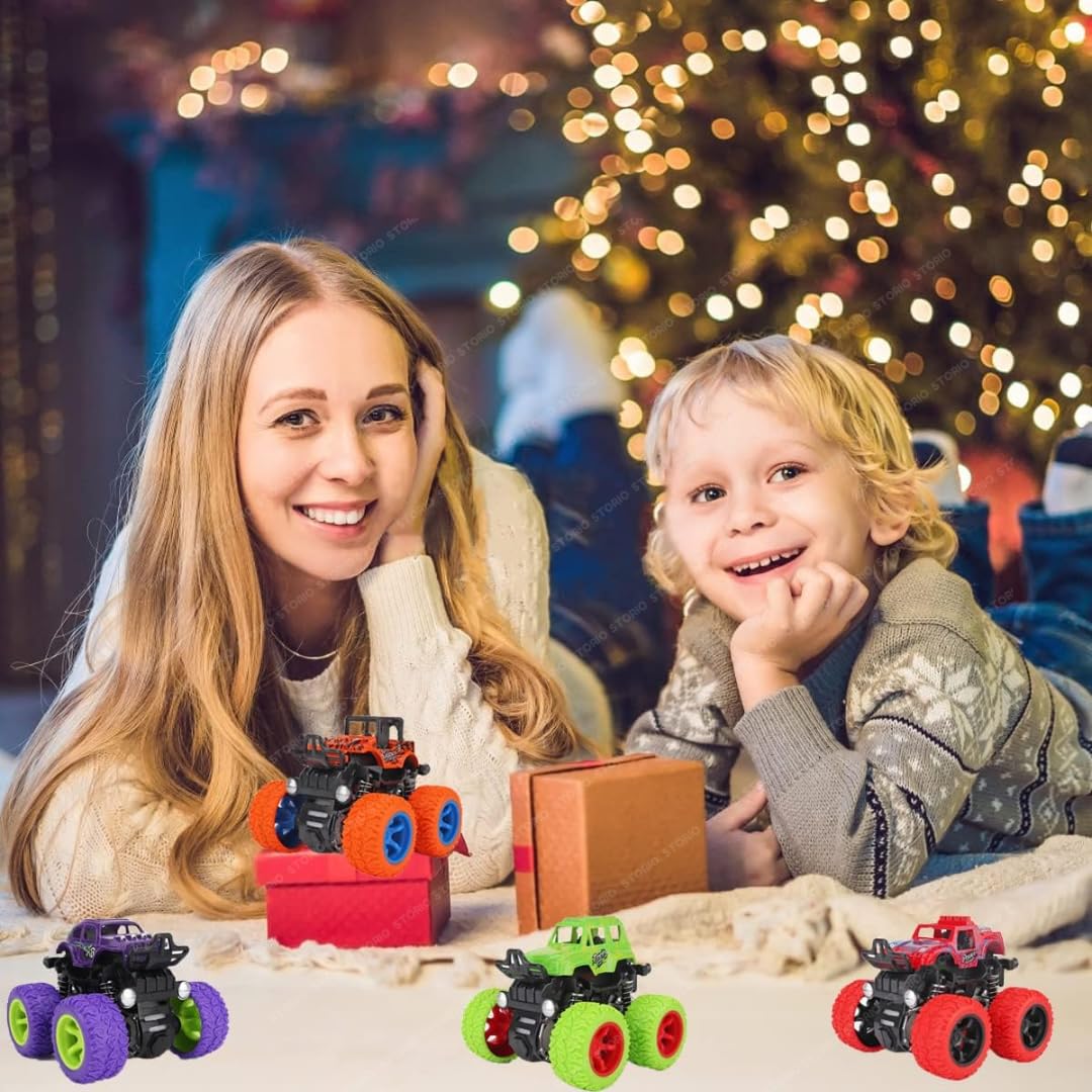 Storio Pack of 4 4x4 Friction Powered Mini Monster Trucks for Boys 3-7 Years | Durable Alloy & Non-Toxic Plastic Car Toys | Educational Toy Vehicles with Non-Slip Tires | Gift for Kids