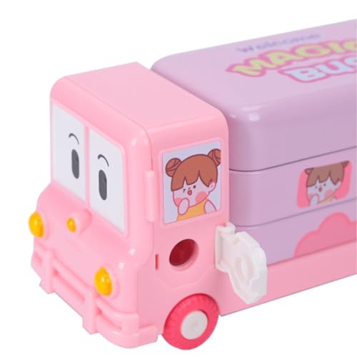 Storio Bus Shape Pencil Box School Bus Metal Geometry Box for Kids Magic Bus with Moving Tyres with 3 Compartments Moving Tyre's & Sharpener Geometry Case for Boys & Girls - Unicorn