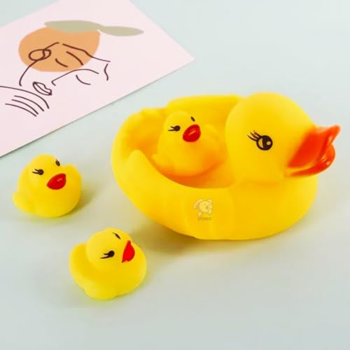 Storio Super Cute Duck Family Animals Swimming Water Toys Non Toxic BPA Free Colorful Soft Rubber Float Squeeze Sound Squeaky Bathing Toy for Baby Chu