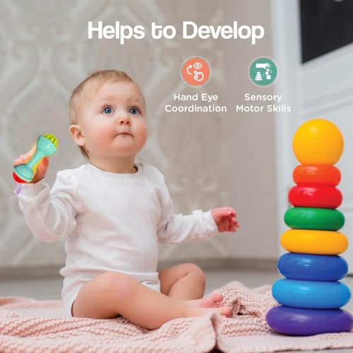 Storio Baby Toys Safari 7 Pcs Rattle Set with Teathers for New Born Baby Gifts, Toy for Babies, Non-Toxic - Safari