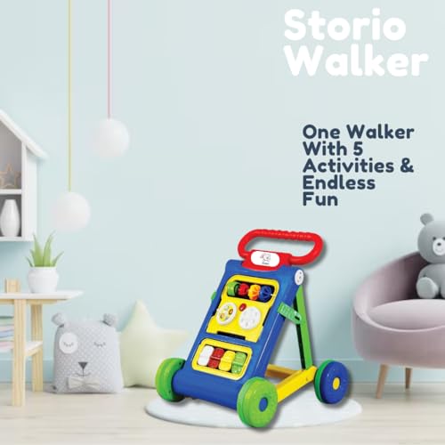 Storio Baby Walker Adjustable Height, Multi-Function Anti-Rollover Folding Walker with Height Adjustable 6-19 Months Baby Walker with Recreational Toy bar (Blue)
