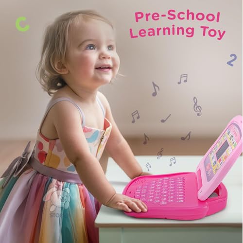 Storio Toys Educational Learning Laptop Toy with LED Display & Music Effect|Educational Toy Preschool Learning for Babies,Girls,Boys & Toddlers|Power Source: 3xAA Battery (Not Included)-Pink,Multi