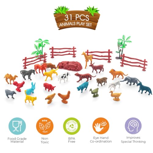 Storio 31pcs Animal Figure Toy Set | Includes Farm and Jungle Animal Playsets with an Artificial Tree and Fencing | Ideal for Birthday and Return Gifts | Educational Toyset for Kids Ages 3 and Up