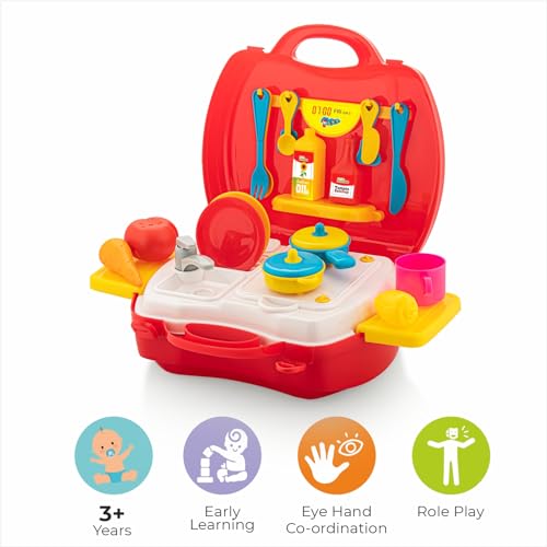 Storio Toys Kitchen Set for Girls Toy with Cooking Utensils Combo Items in Suitcase| Easy to Carry |Realistic Miniature Chefs Pretend Play/Role Play Home Game - Red