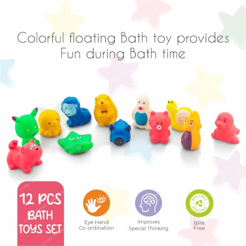 Storio Super Cute Animals Swimming Water Toys Non-Toxic,BPA Free Colorful Soft Rubber Float Squeeze Sound Squeaky Bathing Toy for Baby Chu Chu Toy Set of 12