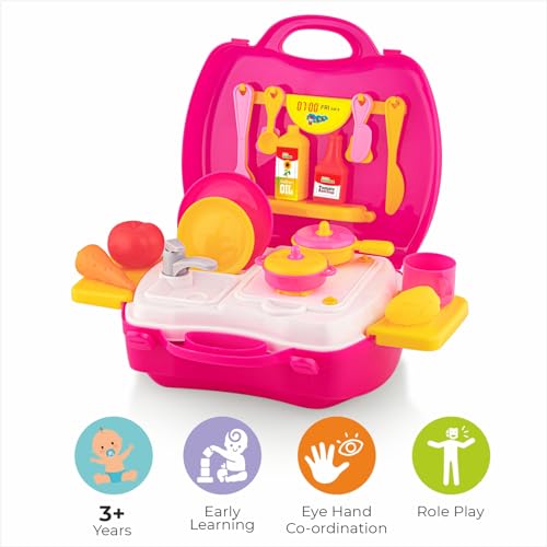 Storio Toys Kitchen Set for Girls Toy with Cooking Utensils Combo Items in Suitcase| Easy to Carry |Realistic Miniature Chefs Pretend Play/Role Play Home Game - Pink