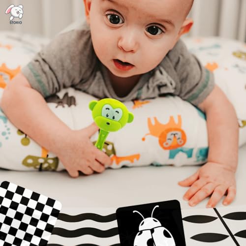 Storio New Born Gift Set Black and White Flash Cards for Babies & Infants with Super Cute Rattles Set of 3 | High Contrast | Visual Stimulation & Sensory Development for 0 to 12 Months, 48 Pictures