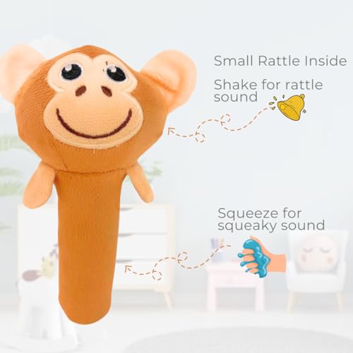 Storio Premium Plush Soft Monkey Face Rattle Soft Toy with Squeeze Han