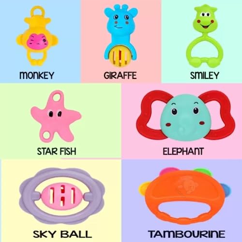 Storio Baby Products Toys 7 Pcs Rattle Set with Teathers for New Born Baby Gifts, Toy for Babies, Non-Toxic