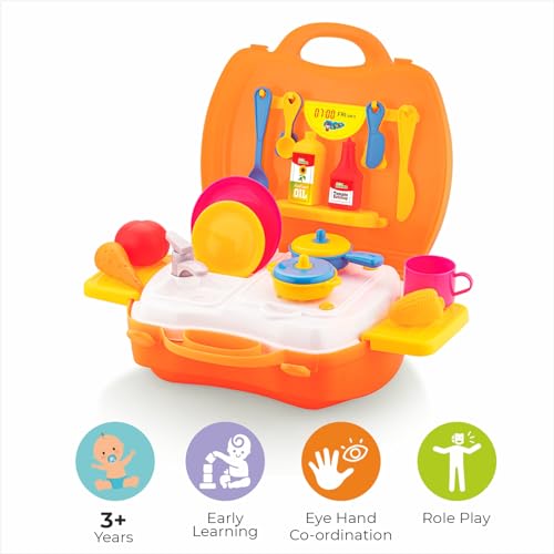 Storio Toys Kitchen Set for Girls Toy with Cooking Utensils Combo Items in Suitcase| Easy to Carry |Realistic Miniature Chefs Pretend Play/Role Play Home Game - Orange