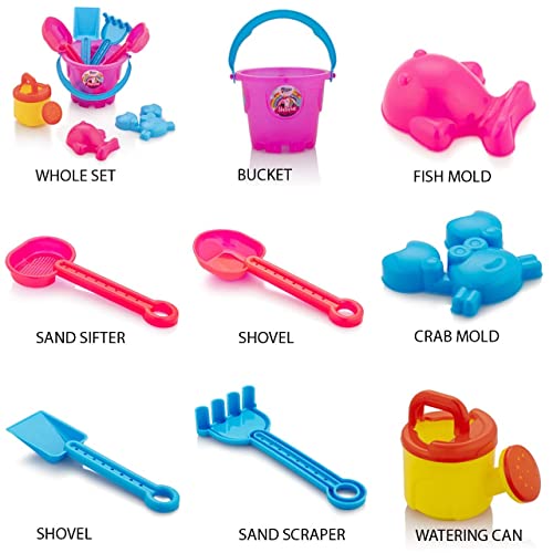 Storio Beach Sand Toys Castle Play Set with Fish, Crab Moulds for Kids & Toddlers, Useful for Gardening & Outdoor Tool Kit (Unicorn Castle Beach Theme)