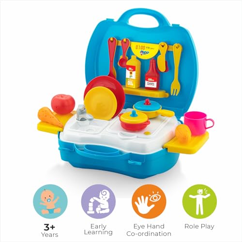 Storio Toys Kitchen Set for Girls Toy with Cooking Utensils Combo Items in Suitcase| Easy to Carry |Realistic Miniature Chefs Pretend Play/Role Play Home Game - Multicolour