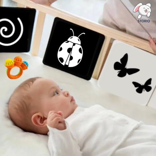 Storio New Born Gift Set Black and White Flash Cards for Babies & Infants with Super Cute Rattles Set of 3 | High Contrast | Visual Stimulation & Sensory Development for 0 to 12 Months, 48 Pictures
