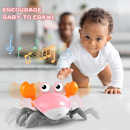 Storio Rechargeable Crawling Crab Baby Toddlers Toy for Kids Infant Tummy Time | Interactive Moving Toys for Babies 12 Months Electric Sensor Musical Dancing Walking Crab Toy Gift for Kids 1 2 3 Year