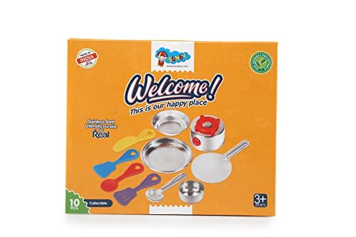 Storio Welcome Kitchen Set - 10 Pieces Cute Mini Toy Kitchen Stainless Steel Utensils Non Toxic Indian Kitchen Set for Girls Age 3 Years Plus no Sharp Edges
