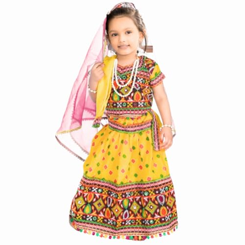 Storio Little Radha Dress Set with Lehenga, Choli, Dupatta, Gajra, Mang Tika, and Kan Kundal, Brocade Fabric Janmashtami Mythological Character Costume, Traditional Fancy Dress