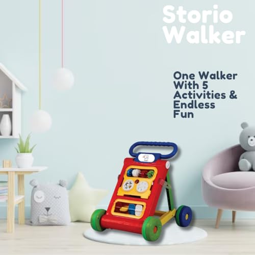 Storio Baby Walker Adjustable Height, Multi-Function Anti-Rollover Folding Walker with Height Adjustable 6-18 Months Baby Walker with Recreational Toy bar (Red)