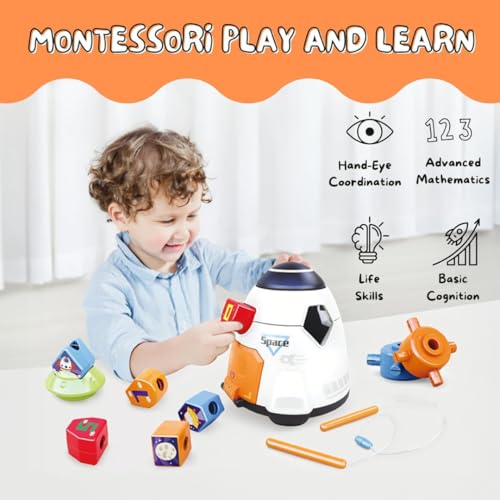 MiniExplorer Premium Montessori Spaceship Toy for Toddlers | Color and Shape Sorting, Stacking & Building Blocks, Lacing Beads Set for Preschool|Gift for 2+ Year Old Boys and Girls, 1 Piece