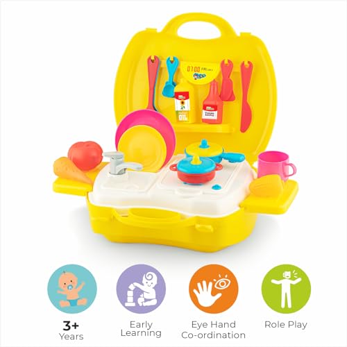 Storio Toys Kitchen Set for Girls Toy with Cooking Utensils Combo Items in Suitcase| Easy to Carry |Realistic Miniature Chefs Pretend Play/Role Play Home Game - Yellow
