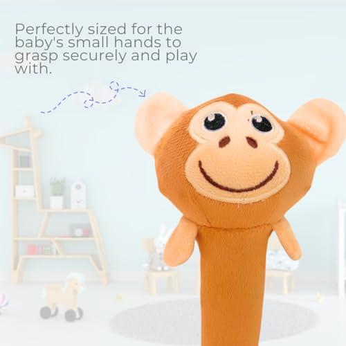 Storio Premium Plush Soft Monkey Face Rattle Soft Toy with Squeeze Handle for Squeaky Sound