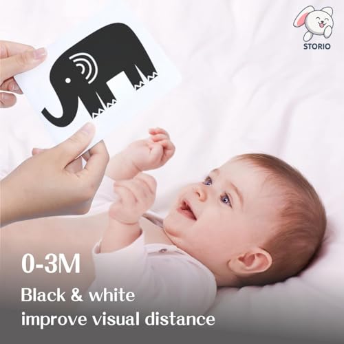 Storio New Born Gift Set Black and White Flash Cards for Babies & Infants with Super Cute Rattles Set of 3 | High Contrast | Visual Stimulation & Sensory Development for 0 to 12 Months, 48 Pictures