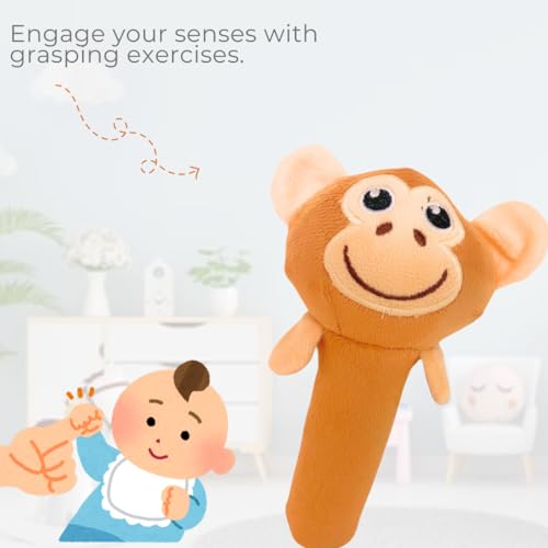Storio Premium Plush Soft Monkey Face Rattle Soft Toy with Squeeze Handle for Squeaky Sound