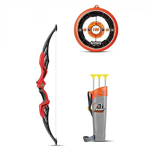 Storio Kids Bow & Arrow Toy | Archery Set for Boys and Girls, Outdoor Hunting Game with 3 Suction Cup Arrows, Target & Quiver | Target Game Perfect for Kids - Red