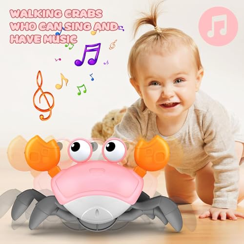 Storio Rechargeable Crawling Crab Baby Toddlers Toy for Kids Infant Tummy Time | Interactive Moving Toys for Babies 12 Months Electric Sensor Musical Dancing Walking Crab Toy Gift for Kids 1 2 3 Year