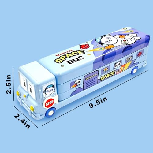 Storio Bus Shape Pencil Box School Bus Metal Geometry Box for Kids Magic Bus with Moving Tyres with 3 Compartments Moving Tyre's & Sharpener Geometry Case for Boys & Girls - Space