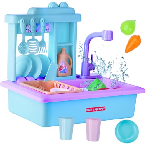 MiniExplorer Frozen Sisters Pretend Play Kitchen Set for Girls Toy Sink Electronic Dishwasher Pretend Role Play Kitchen Toys Set with Working Faucet - Frozen Sisters