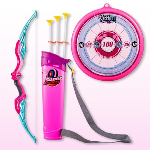 Storio Kids Bow & Arrow Toy | Archery Set for Boys and Girls, Outdoor Hunting Game with 3 Suction Cup Arrows, Target & Quiver | Target Game Perfect for Kids - Pink