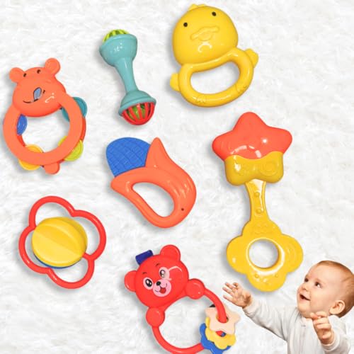 Storio Baby Toys Safari 7 Pcs Rattle Set with Teathers for New Born Baby Gifts, Toy for Babies, Non-Toxic - Safari