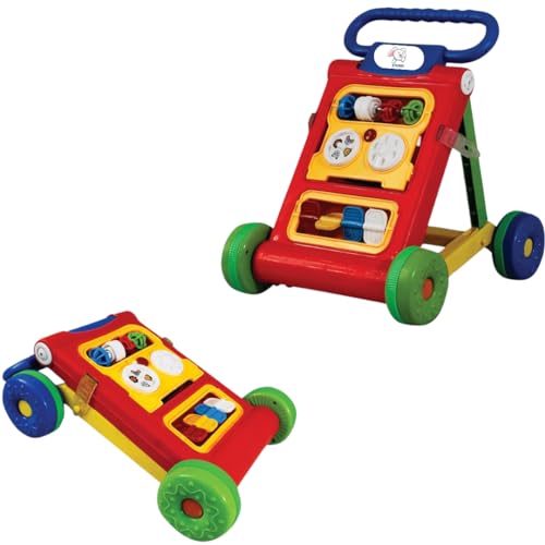 Storio Baby Walker Adjustable Height, Multi-Function Anti-Rollover Folding Walker with Height Adjustable 6-18 Months Baby Walker with Recreational Toy bar (Red)