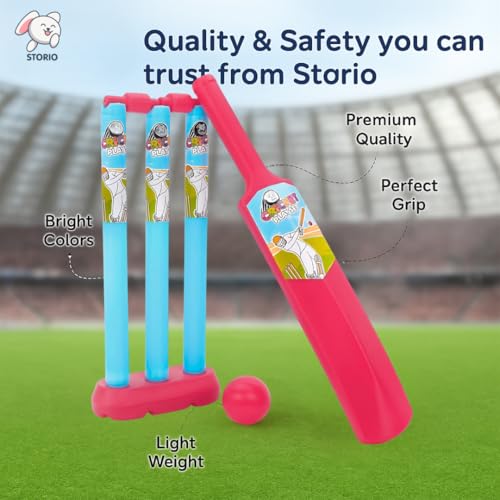 Storio Junior Cricket Set for Kids 2+ Years | Bat, Ball, Stumps, Bails & Holder | Plastic 20-20 Cricket Kit Toy for Boys & Girls | Birthday Gift | Red & Blue