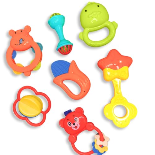 Storio Baby Toys Safari 7 Pcs Rattle Set with Teathers for New Born Baby Gifts, Toy for Babies, Non-Toxic - Safari