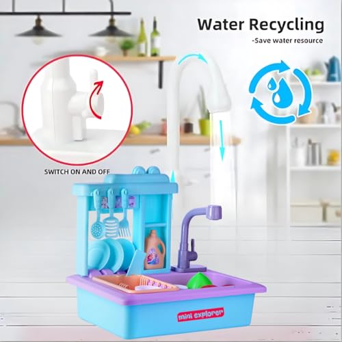 MiniExplorer Frozen Sisters Pretend Play Kitchen Set for Girls Toy Sink Electronic Dishwasher Pretend Role Play Kitchen Toys Set with Working Faucet - Frozen Sisters