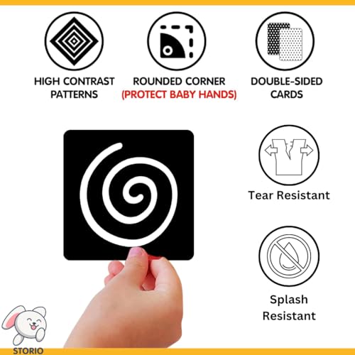 Storio New Born Gift Set Black and White Flash Cards for Babies & Infants with Super Cute Rattles Set of 3 | High Contrast | Visual Stimulation & Sensory Development for 0 to 12 Months, 48 Pictures