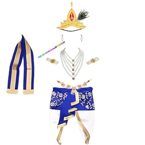 Storio Fancy Dress Costume Brocade Krishna Ji Kanha Janmashtami Dress for 1-Year-Old Baby Boys and Girls Set White and Blue - For ages 1-2 Years