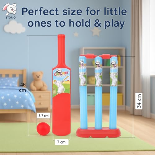 Storio Junior Cricket Set for Kids 2+ Years | Bat, Ball, Stumps, Bails & Holder | Plastic 20-20 Cricket Kit Toy for Boys & Girls | Birthday Gift | Red & Blue