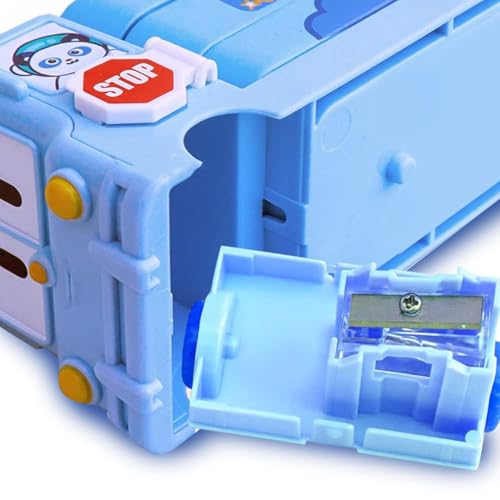 Storio Bus Shape Pencil Box School Bus Metal Geometry Box for Kids Magic Bus with Moving Tyres with 3 Compartments Moving Tyre's & Sharpener Geometry Case for Boys & Girls - Space