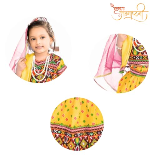 Storio Little Radha Dress Set with Lehenga, Choli, Dupatta, Gajra, Mang Tika, and Kan Kundal, Brocade Fabric Janmashtami Mythological Character Costume, Traditional Fancy Dress