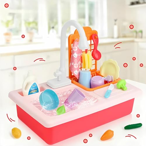 Storio Kitchen Set for Girls | Kids Play Electronic Wash Basin Sink with Live Running Water | Pretend Role Play Kitchen Toys Set - Pink