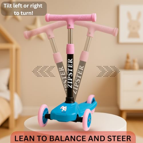 Storio Zipster Foldable Kick Scooter for Kids | Skating Cycle Style Scooter with Adjustable Handle & Foldable Design | Lightweight Ride-On Toy for Boys & Girls - Pink & Blue