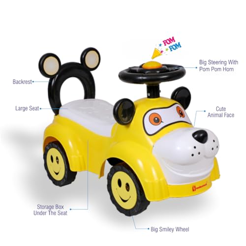 Storio Swing Ride on & Car for Kids with Music & Horn Steering, Push Car for Baby with Backrest, Safety Guard, Under Seat Storage & Big Wheels, Ride on for Kids 0 1 to 3 Years Upto 25 Kgs - Yellow