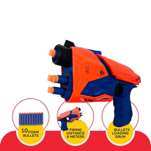 Storio Toy Gun Blaze Storm Soft Bullet Gun Toy with 10 Safe Soft Foam Bullets, Fun Target Shooting Battle Fight Game for Kids Boys (Space Gun) - Blue and Orange
